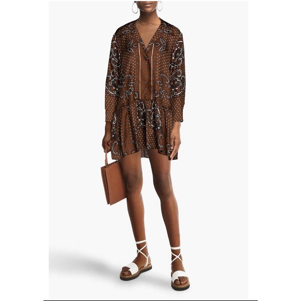 SANDRO Gathered Paisley Silk-Twill Mini Dress